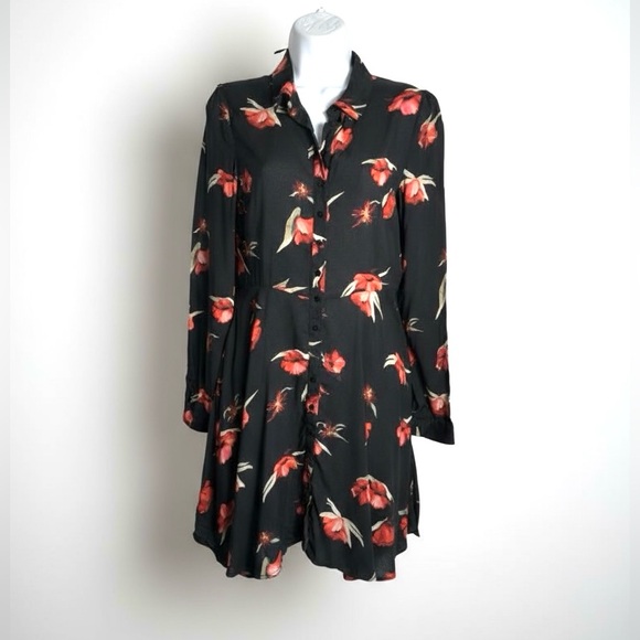 Zara Women's Black & Red Poppies Fit and Flare Long Sleeve Shirt Dress XS - Picture 4 of 10
